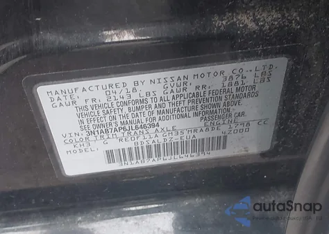 2018 Nissan Sentra Sv z USA, uszkodzony, nr VIN 3N1AB7AP6JL646394